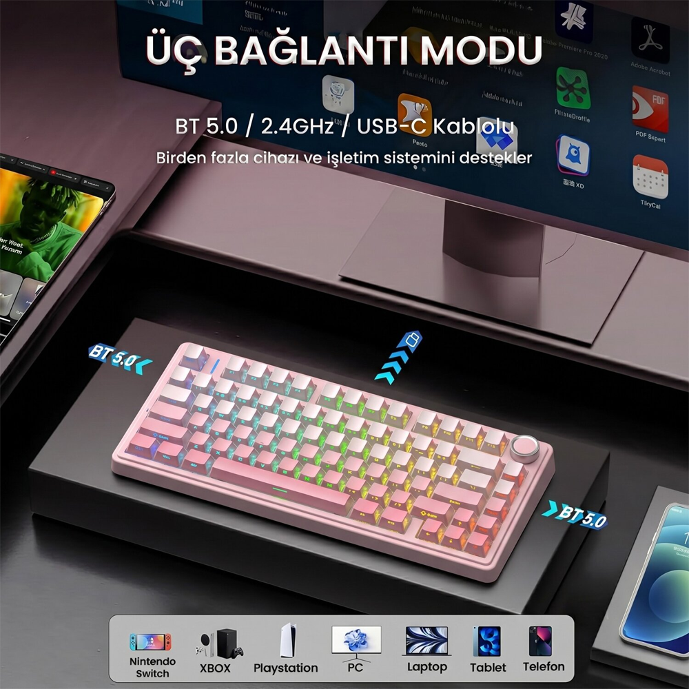 Aula F75 Cotton Candy Switch Hot Swap TKL RGB Pembe Kablosuz Mekanik Gaming Klavye
