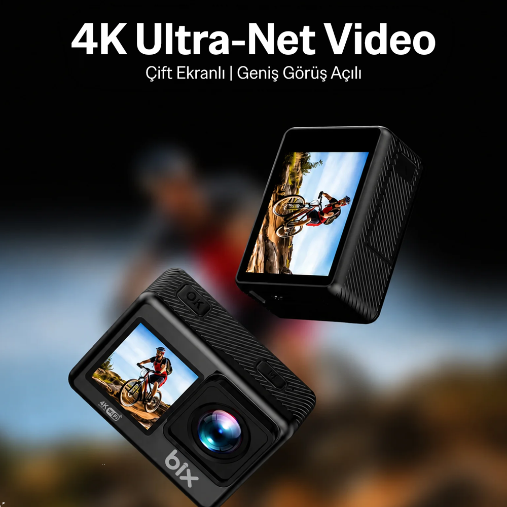 BIX Pulse 1 4K 30FPS 20MP WI-FI Su Geçirmez Kılıflı Siyah Ekranlı Kask Aksiyon Kamera ve Aksesuar Seti