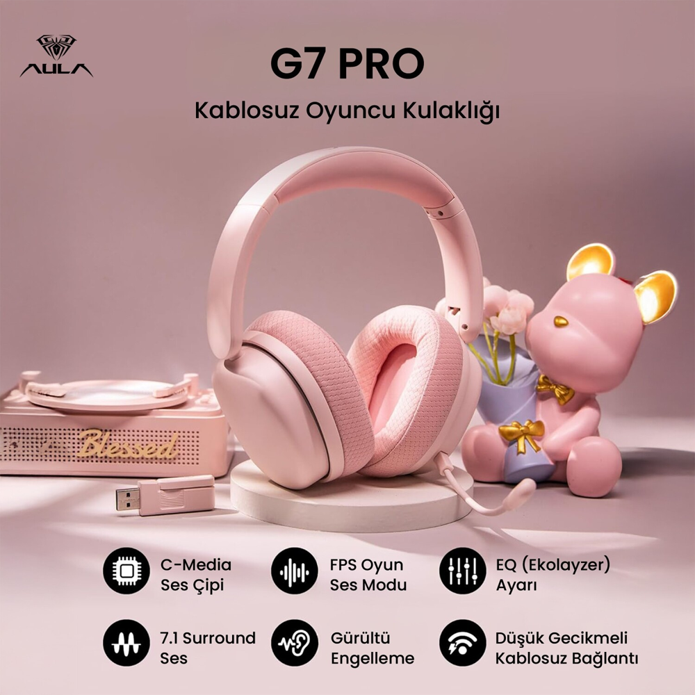 Aula G7 Pro Tri Mode RGB Kablosuz Pembe E-Spor Kulaklık