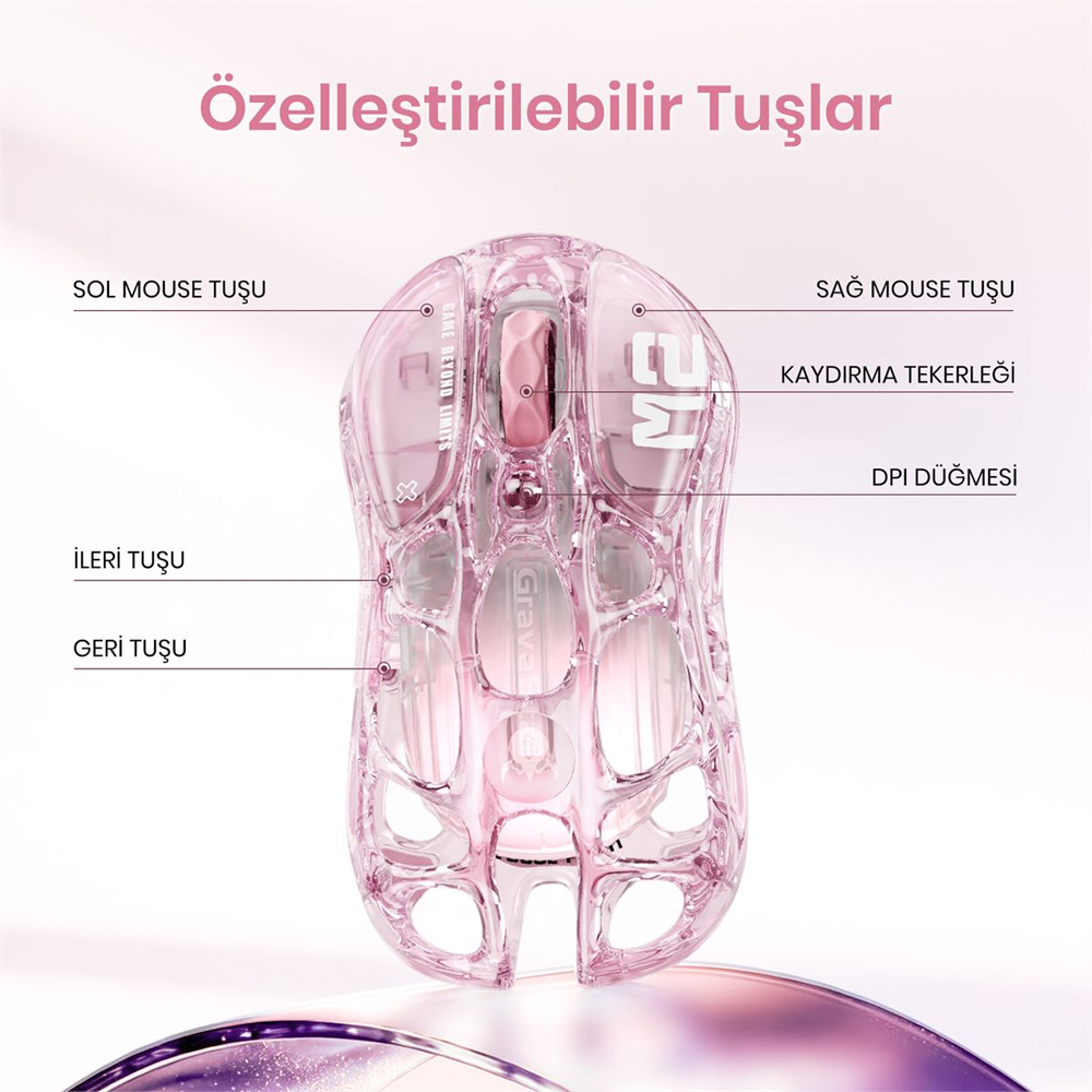 GravaStar Mercury M2 RGB 26000 DPI 1000Hz Crystal Rose Kablosuz Gaming Mouse
