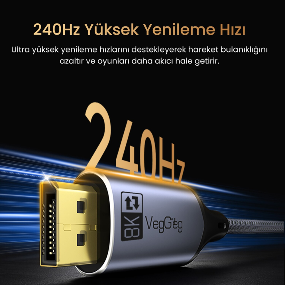 VegGieg Type-C to DP Kablo 8K 60Hz 4K 240Hz HDR ARC 48Gbps Örgülü Çift Yönlü 1 Metre Görüntü Kablosu