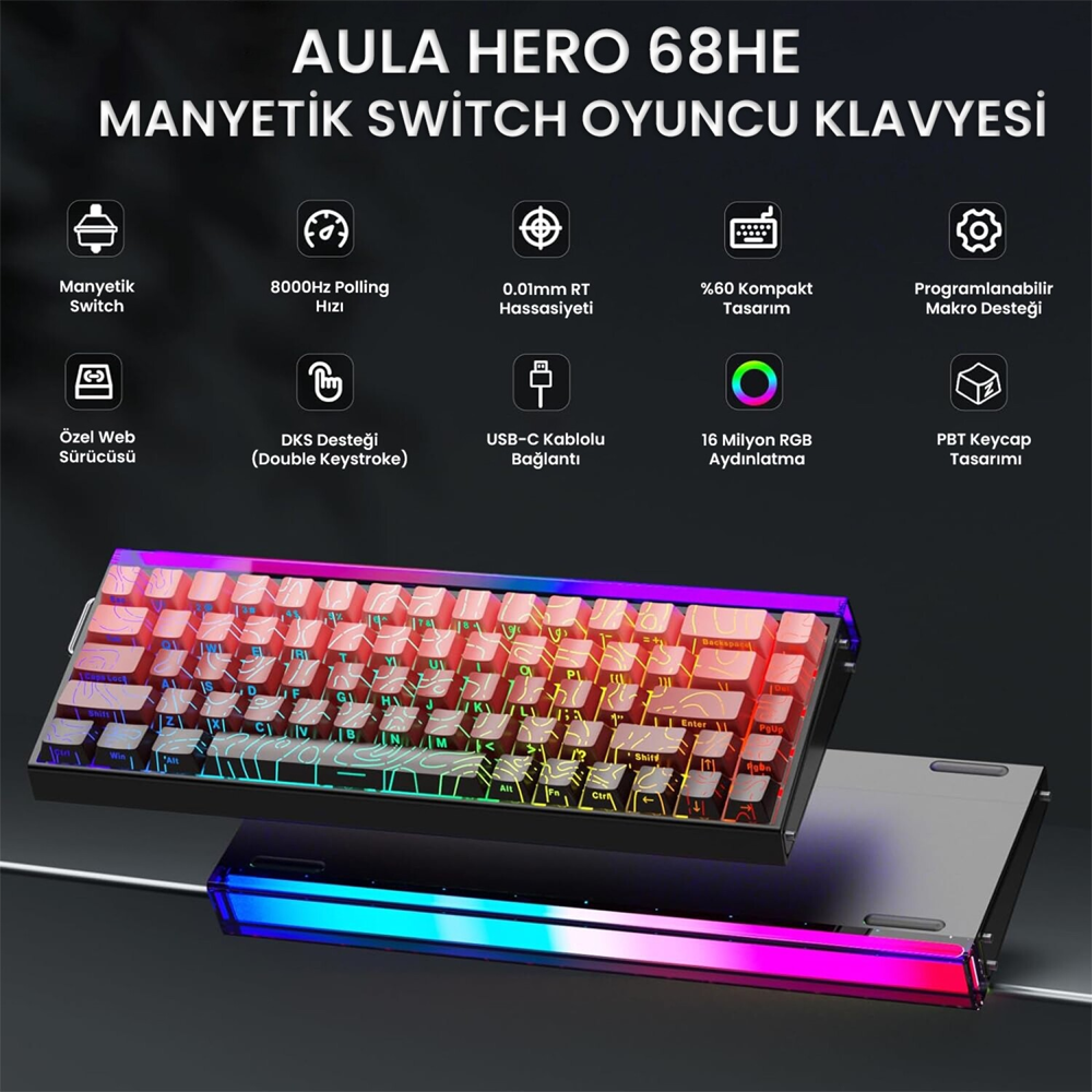 Aula Hero 68 HE Dragon King Switch Hot Swap TKL RGB Neon Kırmızı Kablolu Gaming Klavye