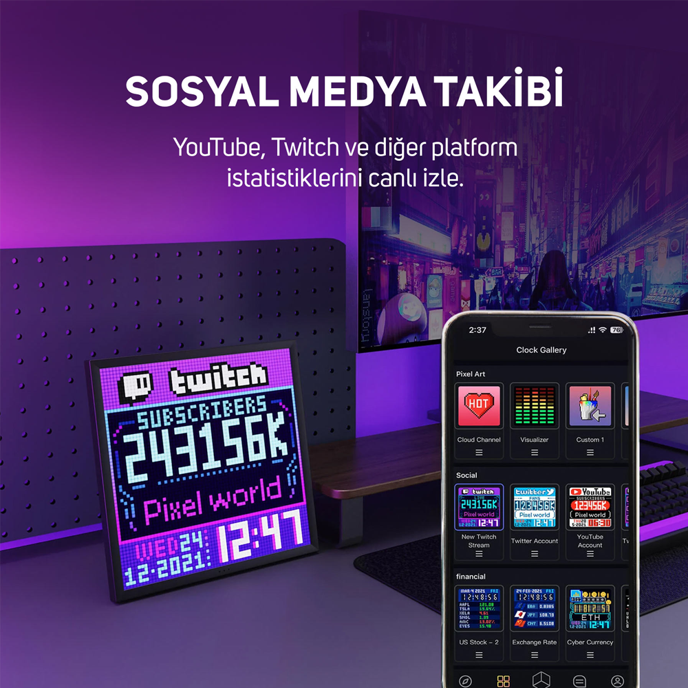 Divoom Pixoo-64 App Kontrollü Wifi Animasyonlu Gaming 64x64 Piksel LED Ekran Resim Çerçevesi