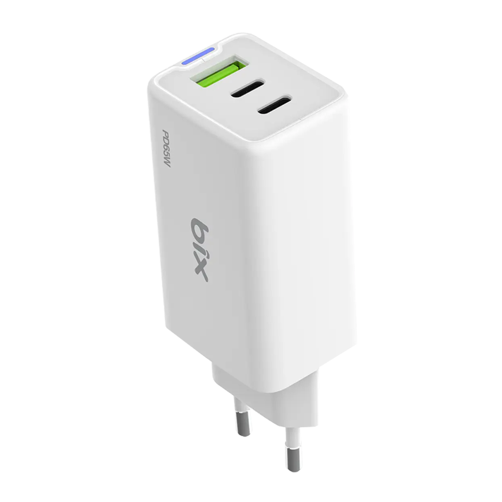 Bix BX3P66G GaN 65W Type-C USB 3.0 ve USB-A QC Üç Portlu Beyaz Hızlı Şarj Cihazı