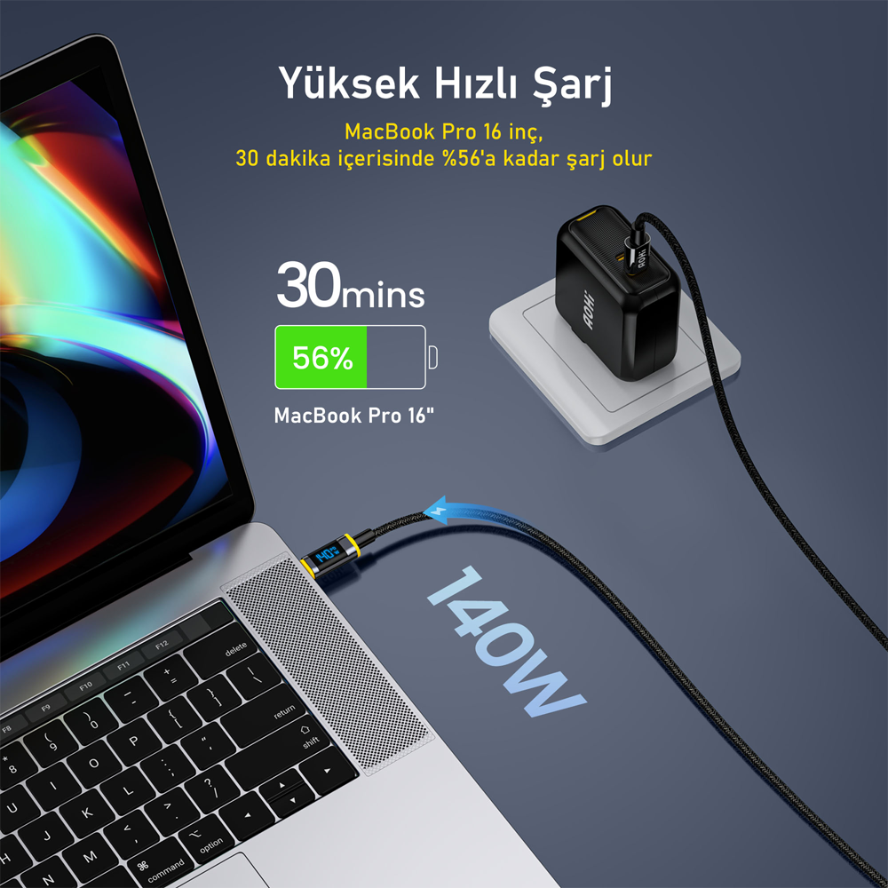 AOHI Magline Type-C to Type-C 1.2m PD 3.1 480Mbps 140W LED Ekranlı Naylon Örgülü Süper Hızlı Şarj/Data Kablosu