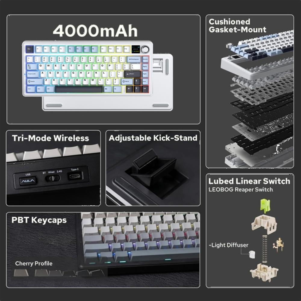 Aula F75 Max Reaper Switch Hot Swap TKL RGB Lacivert Kablosuz Gaming Klavye