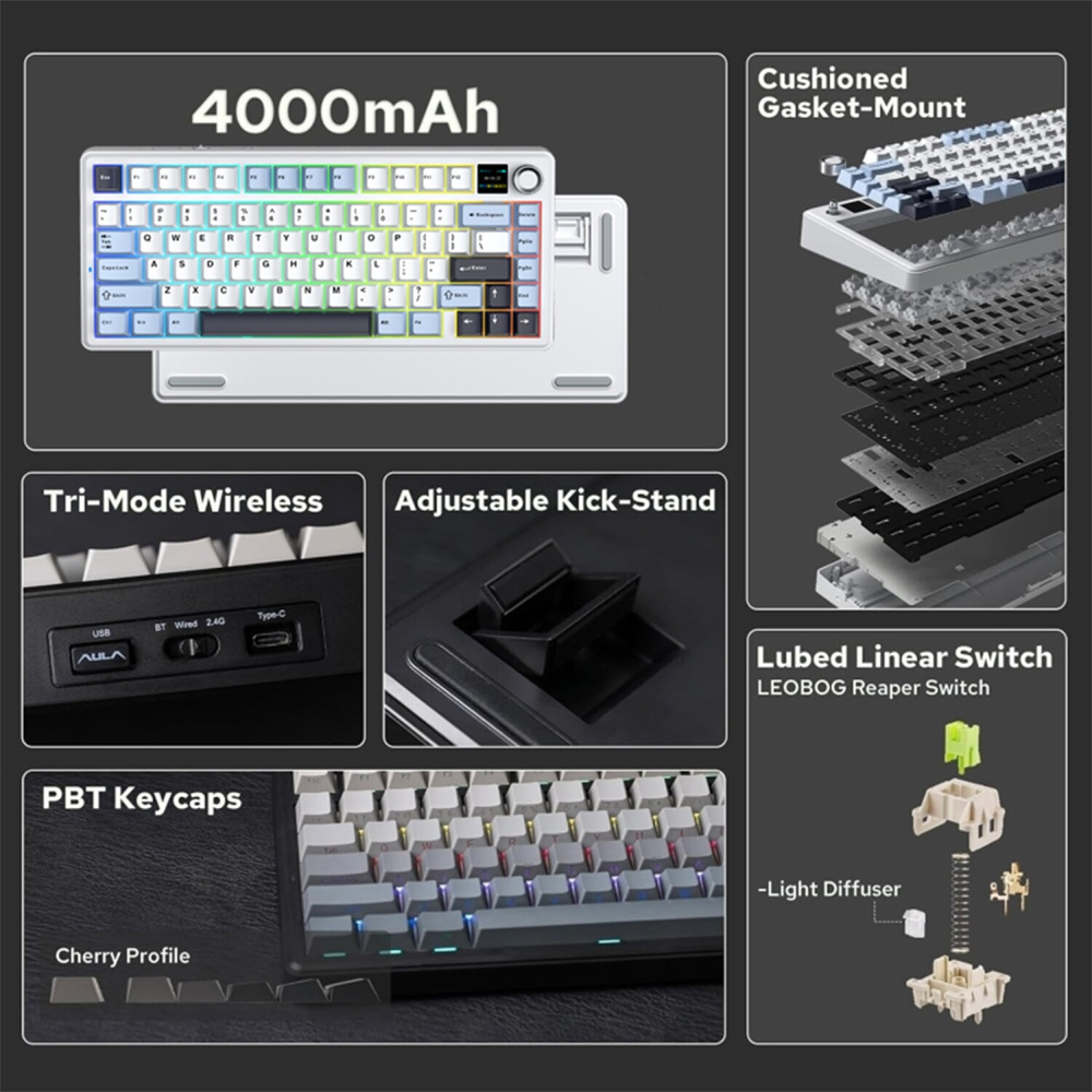 Aula F75 Max Reaper Switch Hot Swap TKL RGB Gri Kablosuz Gaming Klavye