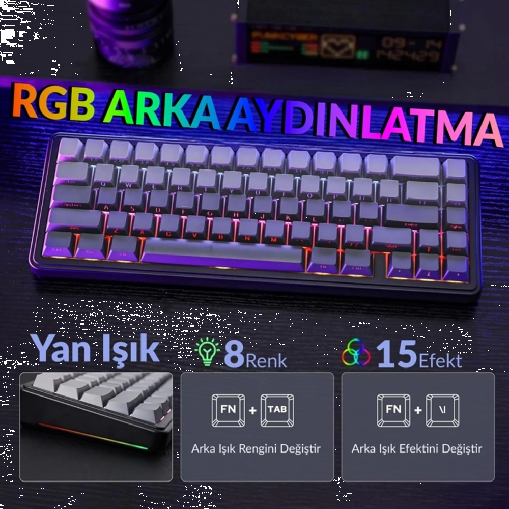 Aula F65 GrayWood V3 Switch Hot Swap TKL RGB Gri Kablosuz Gaming Klavye