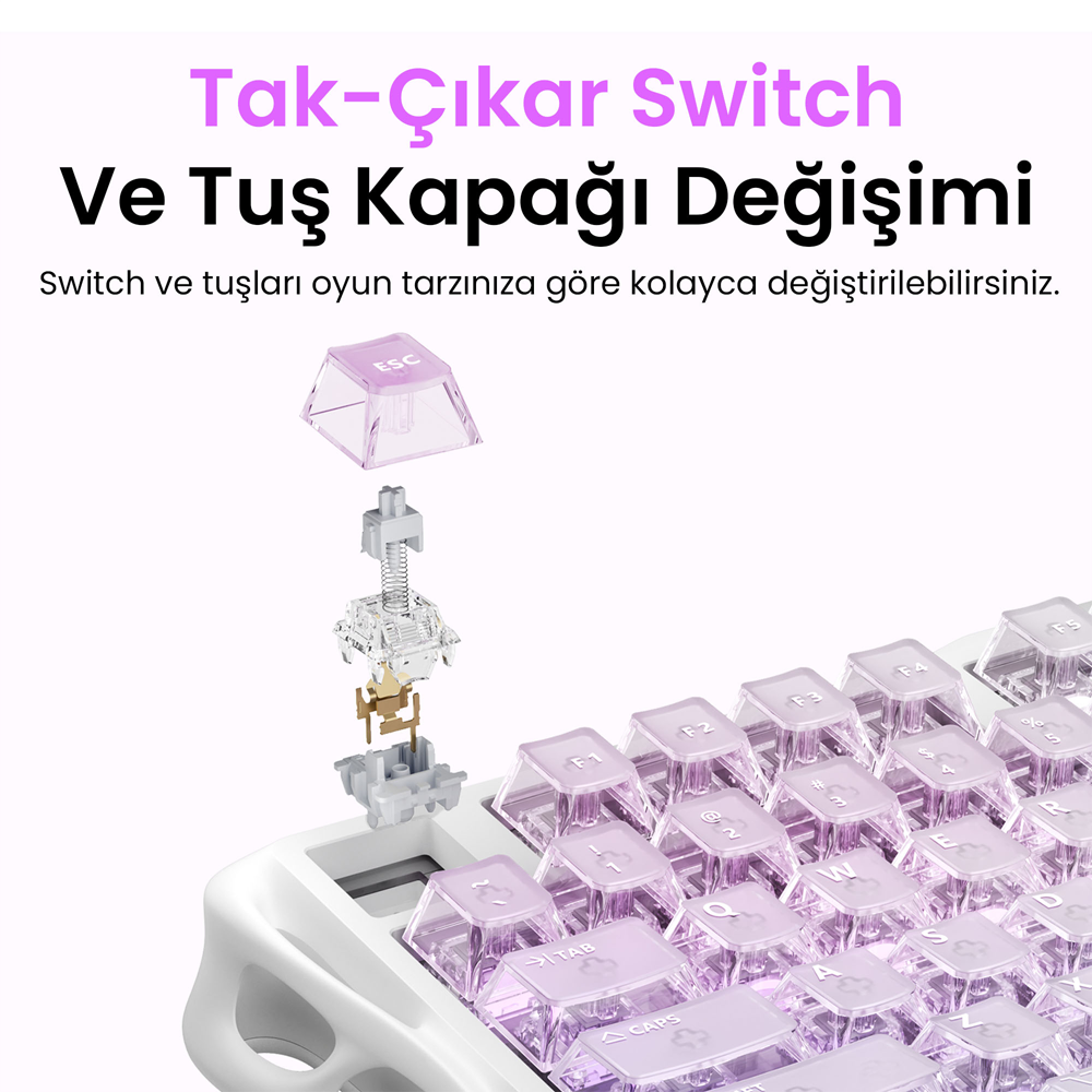 GravaStar Mercury K1 Lite RGB Linear Key Switch Türkçe Q Crystal Aurora Kablosuz Gaming Klavye