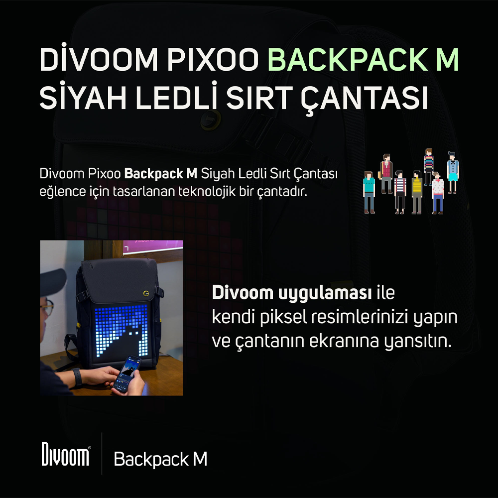 Divoom Pixoo M Ledli Ekran APP Kontrollü Akıllı Siyah Sırt Çantası