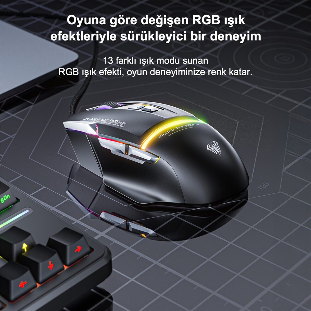 Aula S12 Pro 12800DPI 1000Hz RGB Siyah Kablolu Gaming Mouse