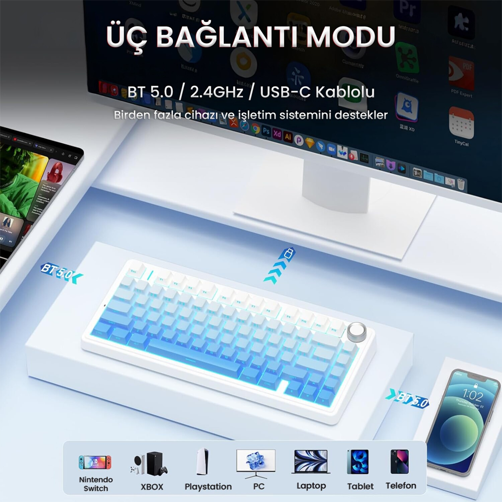 Aula F75 Seiya Switch Hot Swap TKL RGB Mavi Kablosuz Gaming Klavye