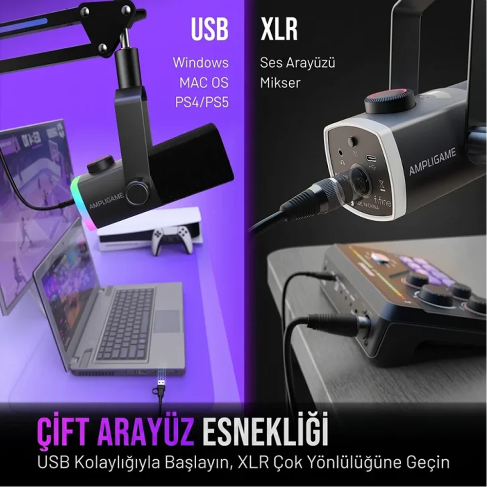 Fifine Ampligame AM8PROT XLR/USB RGB Dinamik Mikrofon Seti