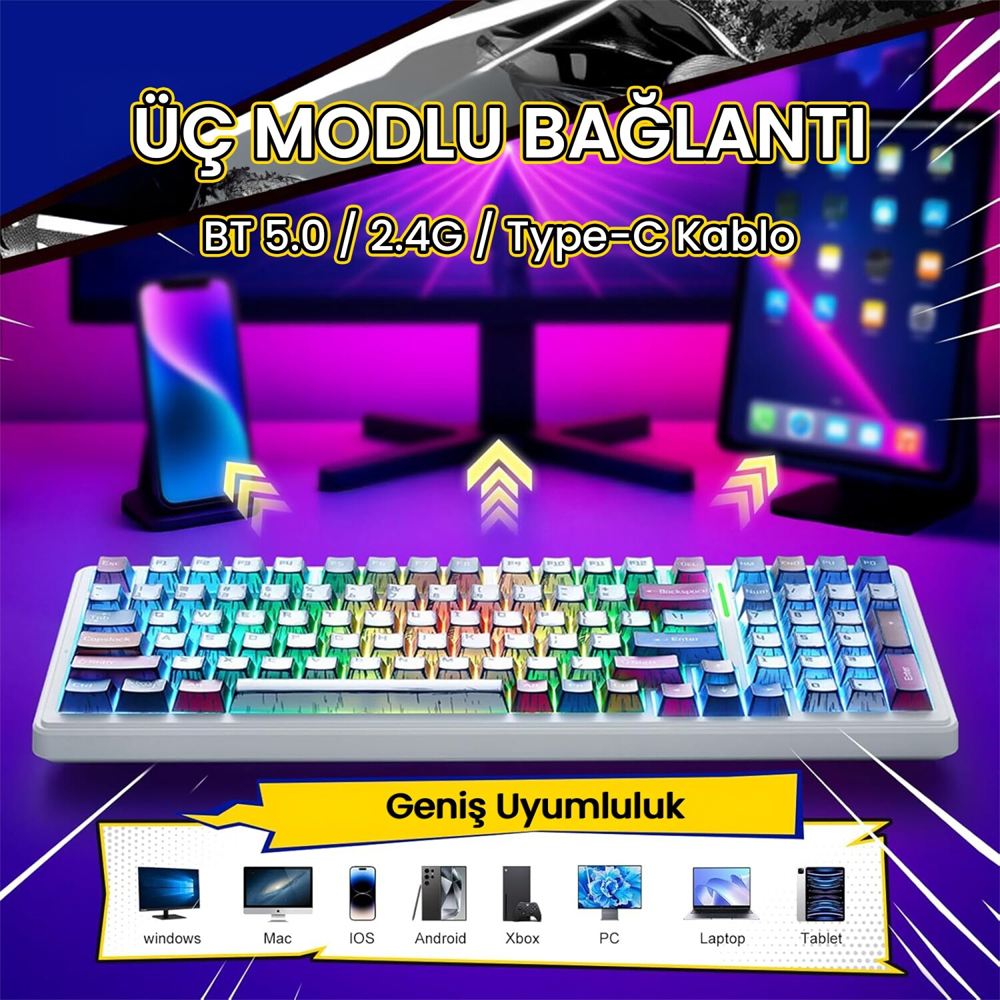 Aula F99 Linear GrayWood V3 Switch Hot Swap RGB Comic Kablosuz Gaming Klavye