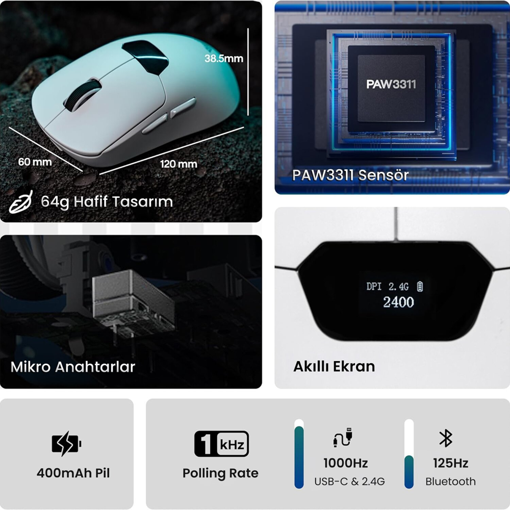 Aula SC390 Pro PAW3311 20000 DPI 1000Hz Kablosuz Beyaz Gaming Mouse