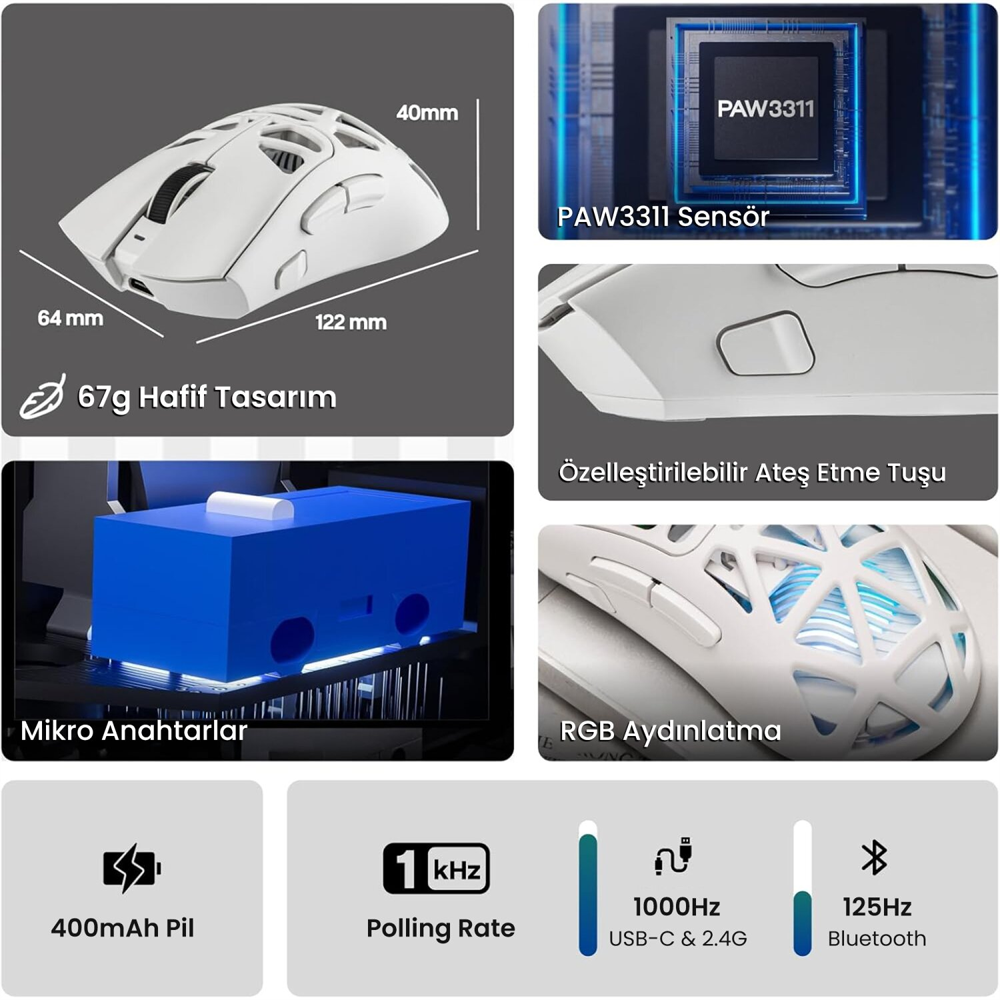 Aula SC620 PAW3311 12000 DPI 1000Hz Kablosuz Beyaz Gaming Mouse