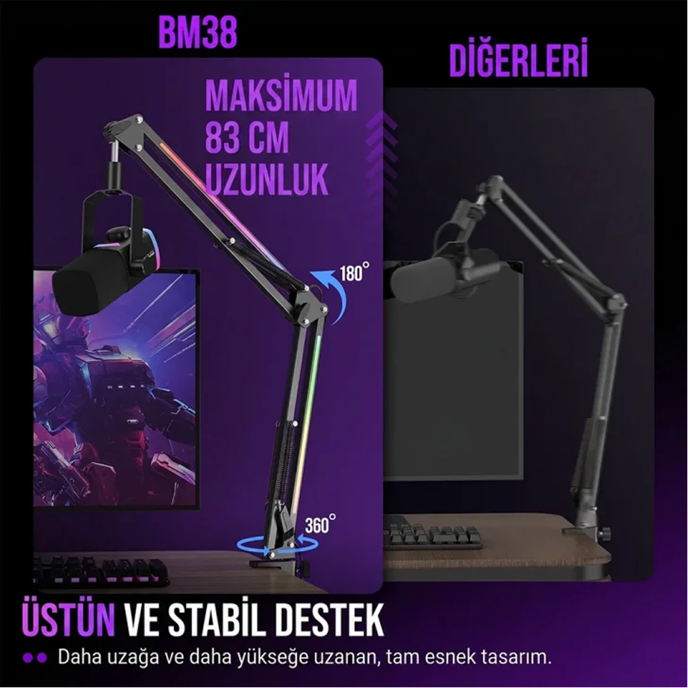 FIFINE Ampligame BM38 RGB Profesyonel Oyuncu Mikrofon Standı