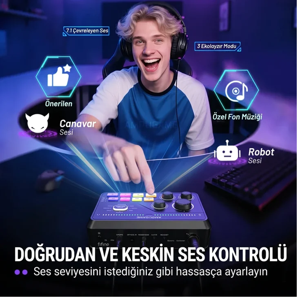 FIFINE Ampligame SC8 USB Beyaz Oyuncu Ses Mikseri