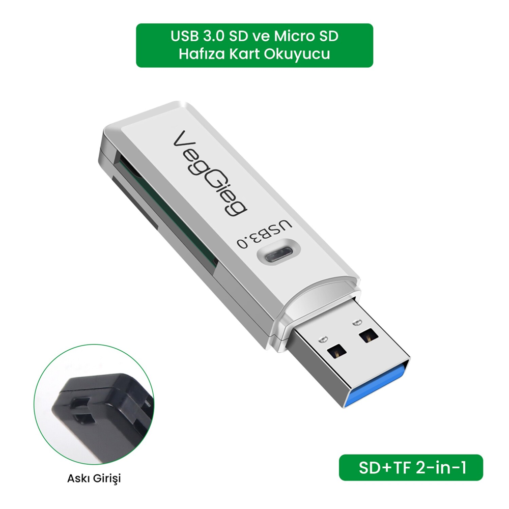 VegGieg USB 3.0 SD ve Micro SD Beyaz Hafıza Kart Okuyucu