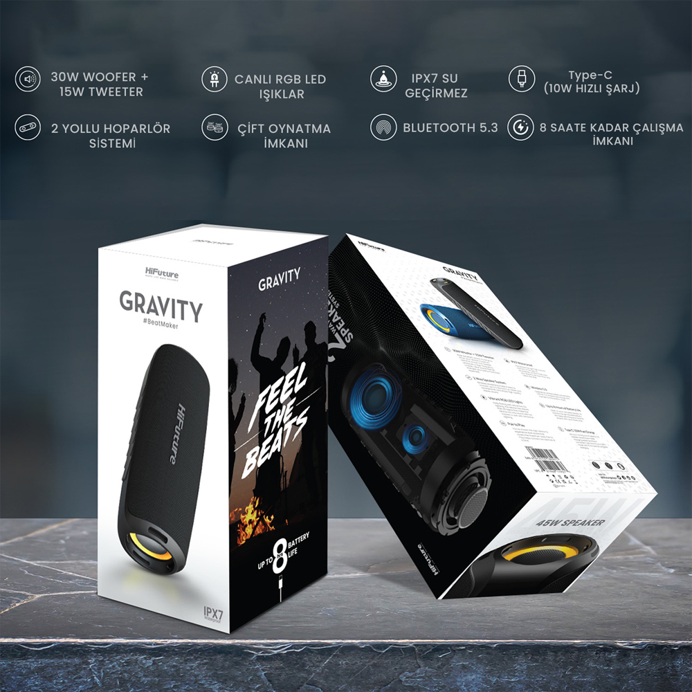 HiFuture Gravity RGB BT 5.3 45W Mavi Su Geçirmez Taşınabilir Bluetooth Hoparlör