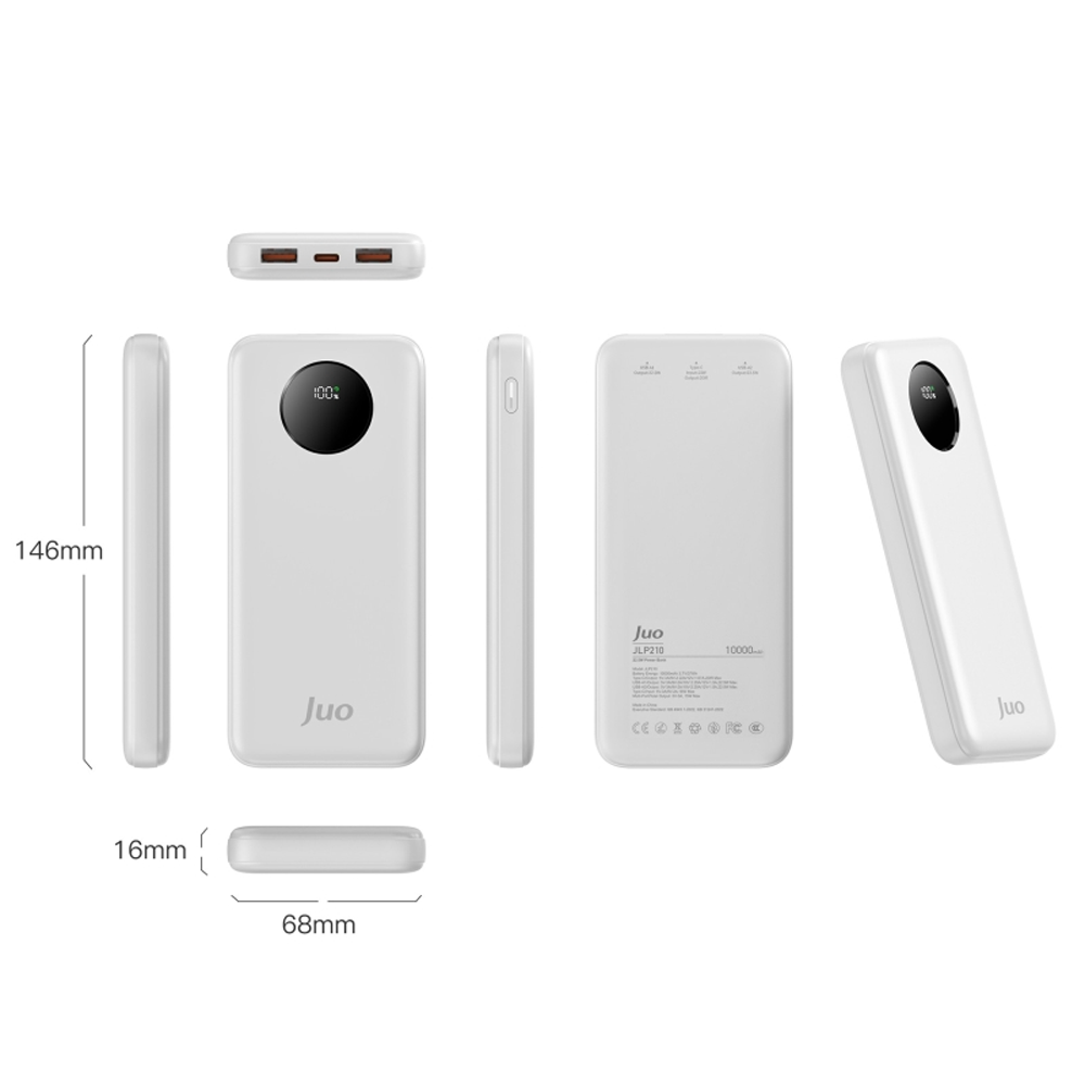 Juo JLP210-W 22.5W 10000mAH Led Ekranlı Taşınabilir Beyaz Hızlı Şarj Powerbank 
