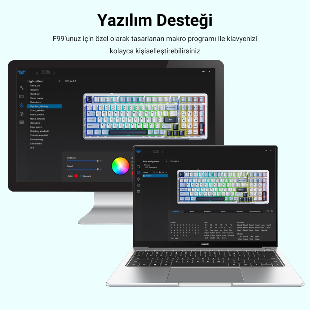 Aula F99 Linear GrayWood V3 Switch Hot Swap RGB Lacivert Kablosuz Gaming Klavye