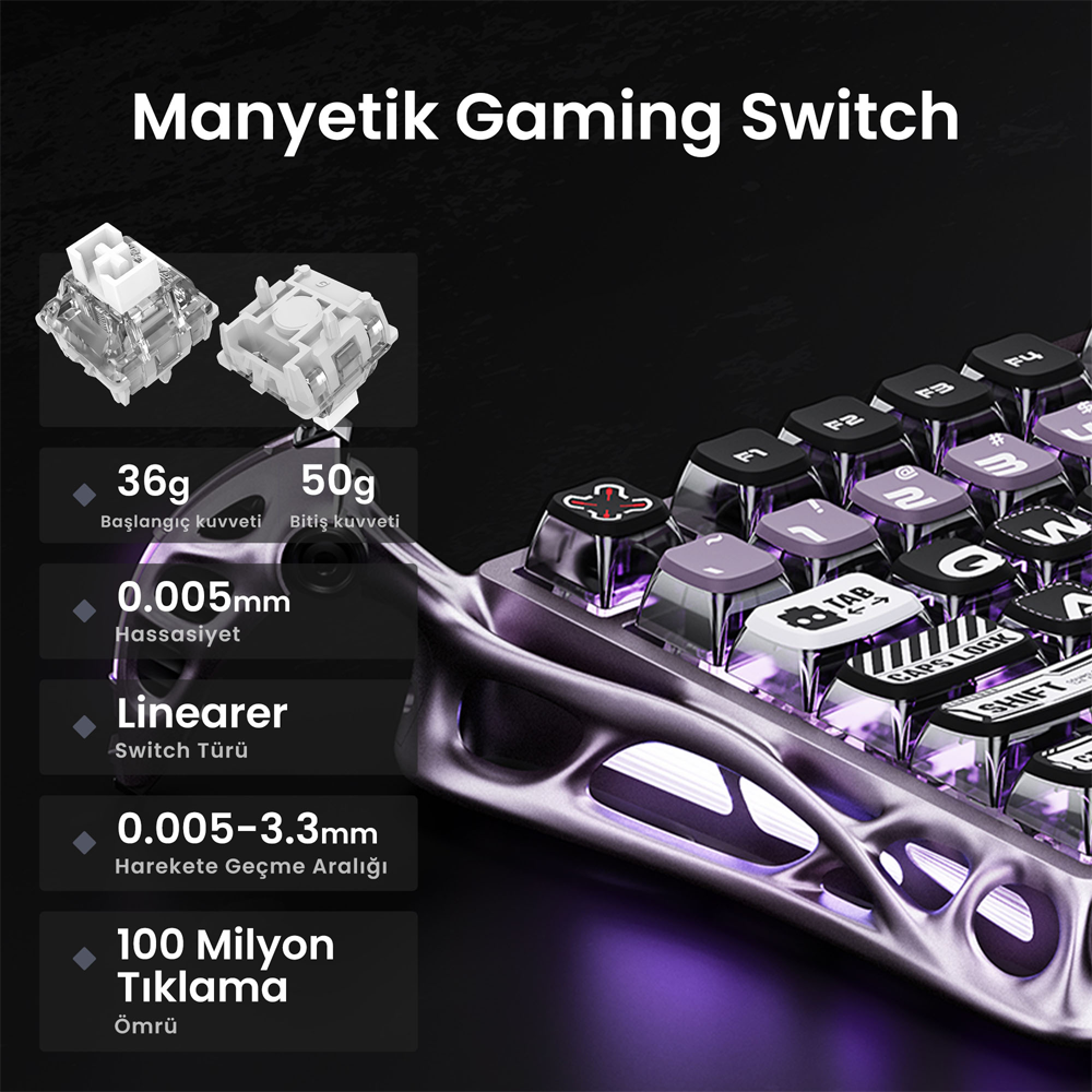 GravaStar Mercury V75 Pro HE RGB Hall Effect Manyetik Switch İngilizce Q Iron Purple Kablolu Gaming Klavye