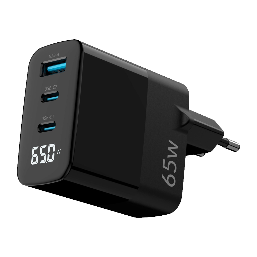 Juo 65W GaN Led Ekranlı Hızlı Şarj Cihazı 2 Type-C + USB-A iPhone & iPad & Notebook Uyumlu Şarj Aleti