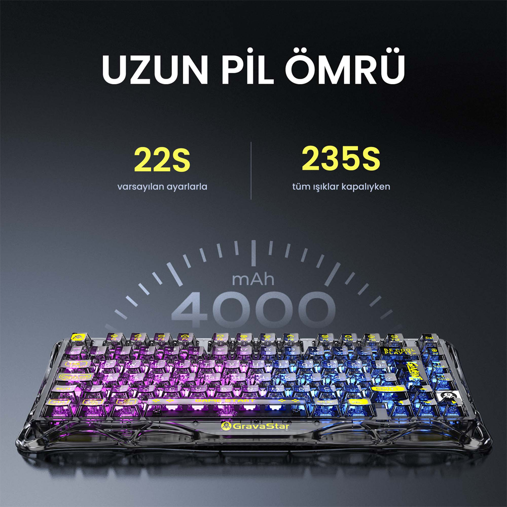GravaStar Mercury K1 Lite RGB Linear Key Switch Türkçe Q Transparent Siyah Kablosuz Gaming Klavye