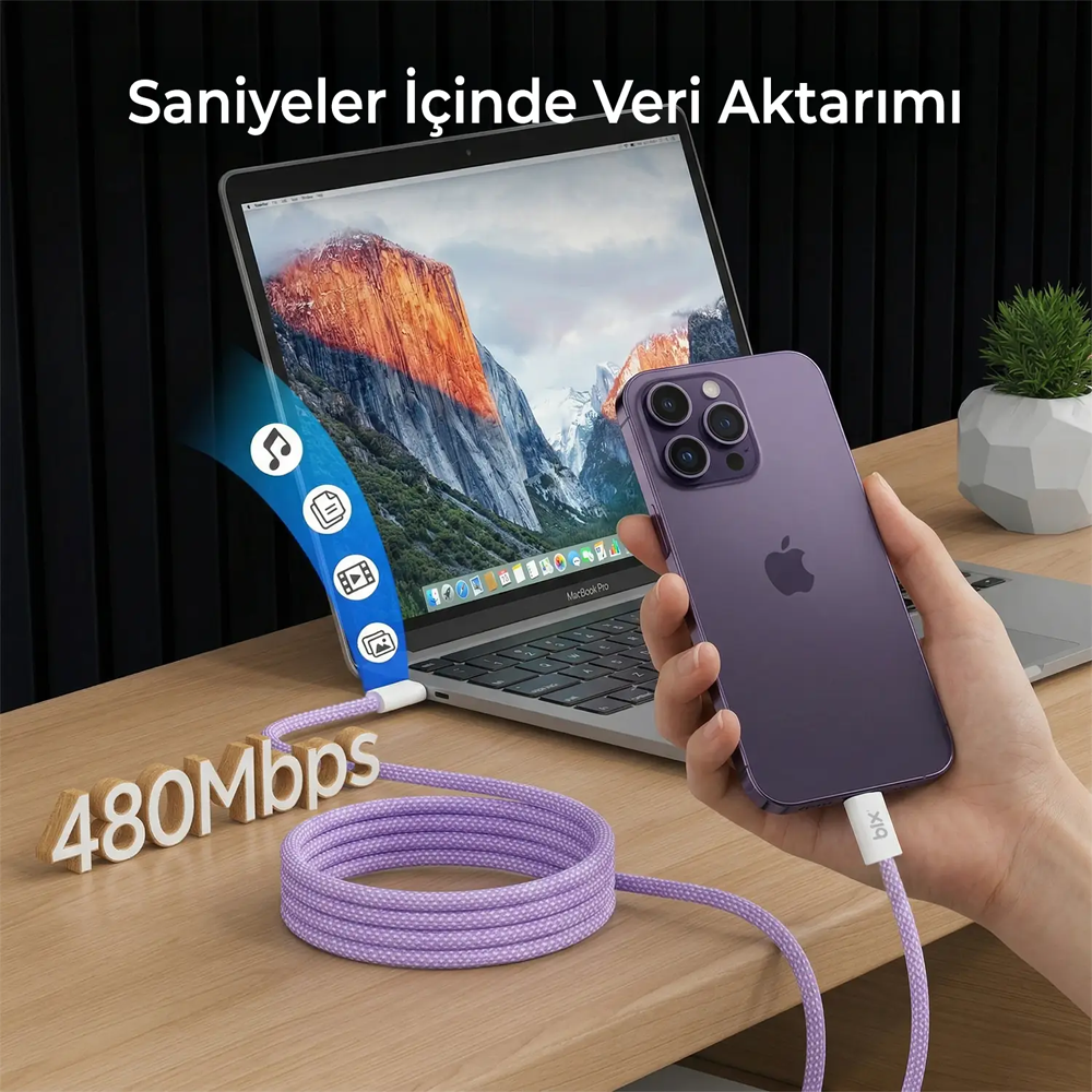 Bix T4CC-ORG 65W USB-C To USB-C Manyetik Örgülü Turuncu Şarj Kablosu 1 Metre