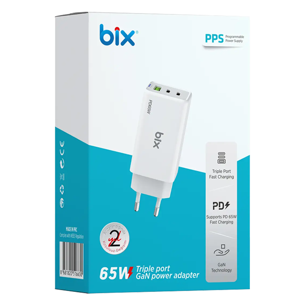 Bix BX3P66G GaN 65W Type-C USB 3.0 ve USB-A QC Üç Portlu Beyaz Hızlı Şarj Cihazı