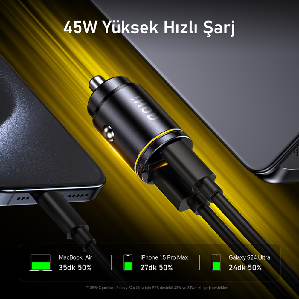 AOHI Superauto Araç İçi Şarjı, 2 Portlu PD 45W Type-C ve USB-A Girişli, USB 30W Siyah Hızlı Şarj Çakmaklık Adaptörü