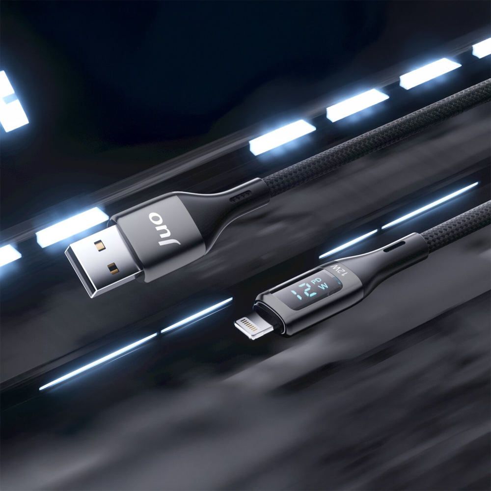 Juo 12W Dijital Led Ekranlı USB-A Lightning İphone İpad Örgülü Siyah Data Ve Hızlı Şarj Kablosu 1 Metre