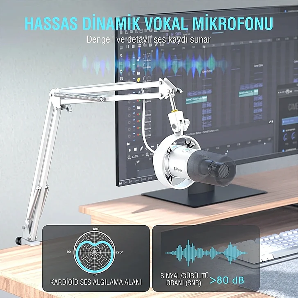 Fifine AmpliTank K688CT XLR/USB RGB Dinamik Beyaz Yayıncı Mikrofon Seti