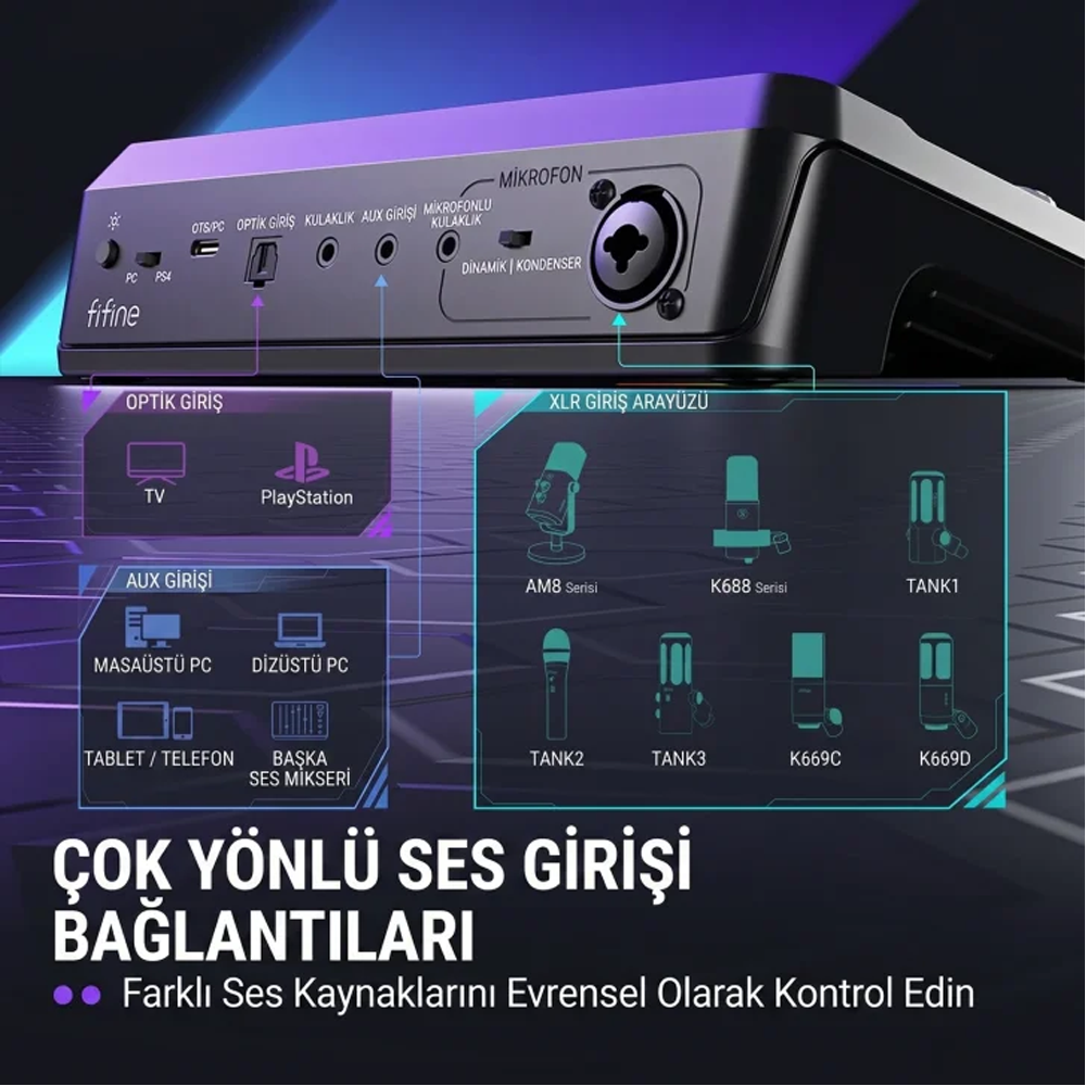 FIFINE Ampligame SC8 USB Beyaz Oyuncu Ses Mikseri