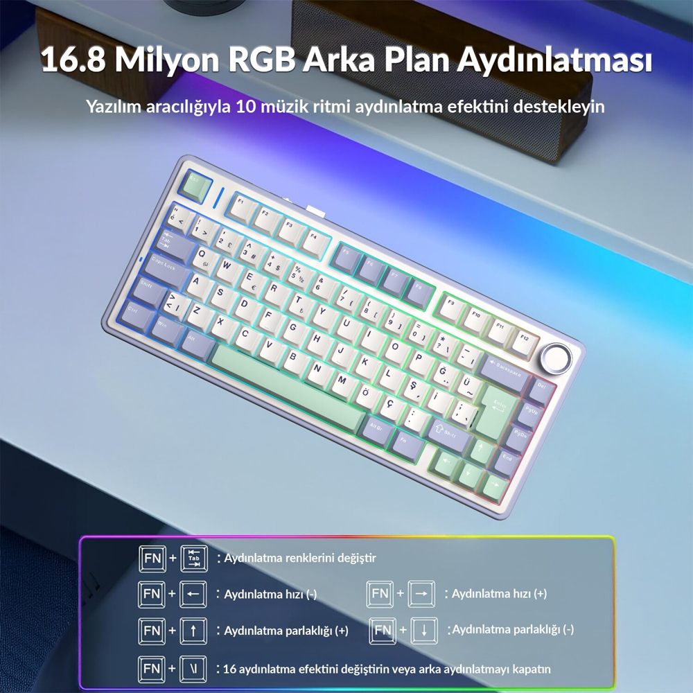 Aula F75 GrayWood V4 Switch Hot Swap RGB Pastel Türkçe Kablosuz Mekanik Gaming Klavye