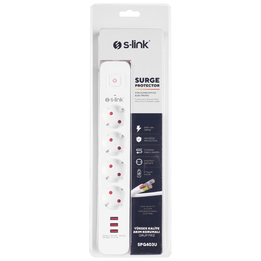 S-link SPG403U 1.5m 1.5mm Bakır 750 Joule USB 4 lü Anahtarlı Akım Korumalı Priz