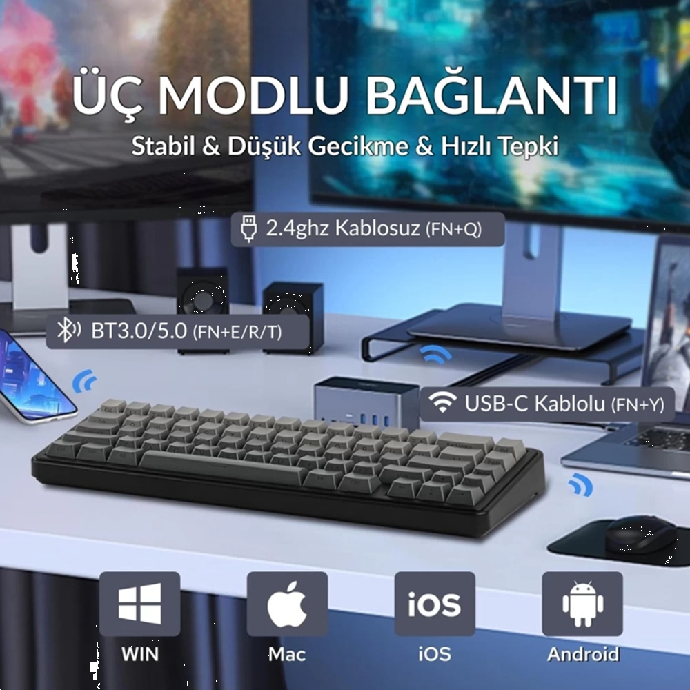 Aula F65 GrayWood V3 Switch Hot Swap TKL RGB Gri Kablosuz Gaming Klavye