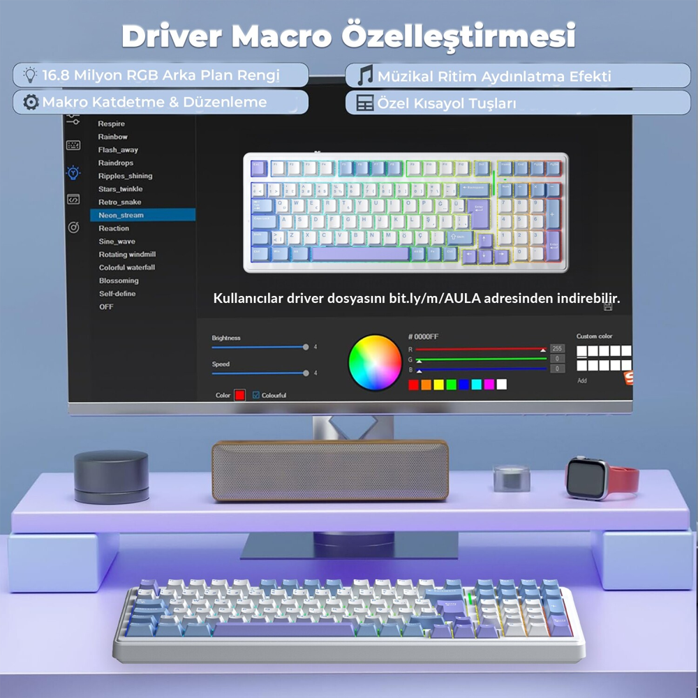 Aula F99 Linear GrayWood V4 Switch Hot Swap RGB Mavi Kablosuz Gaming Klavye