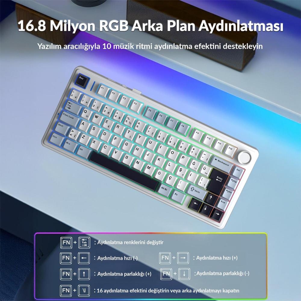 Aula F75 GrayWood V4 Switch Hot Swap RGB Lacivert Türkçe Kablosuz Mekanik Gaming Klavye