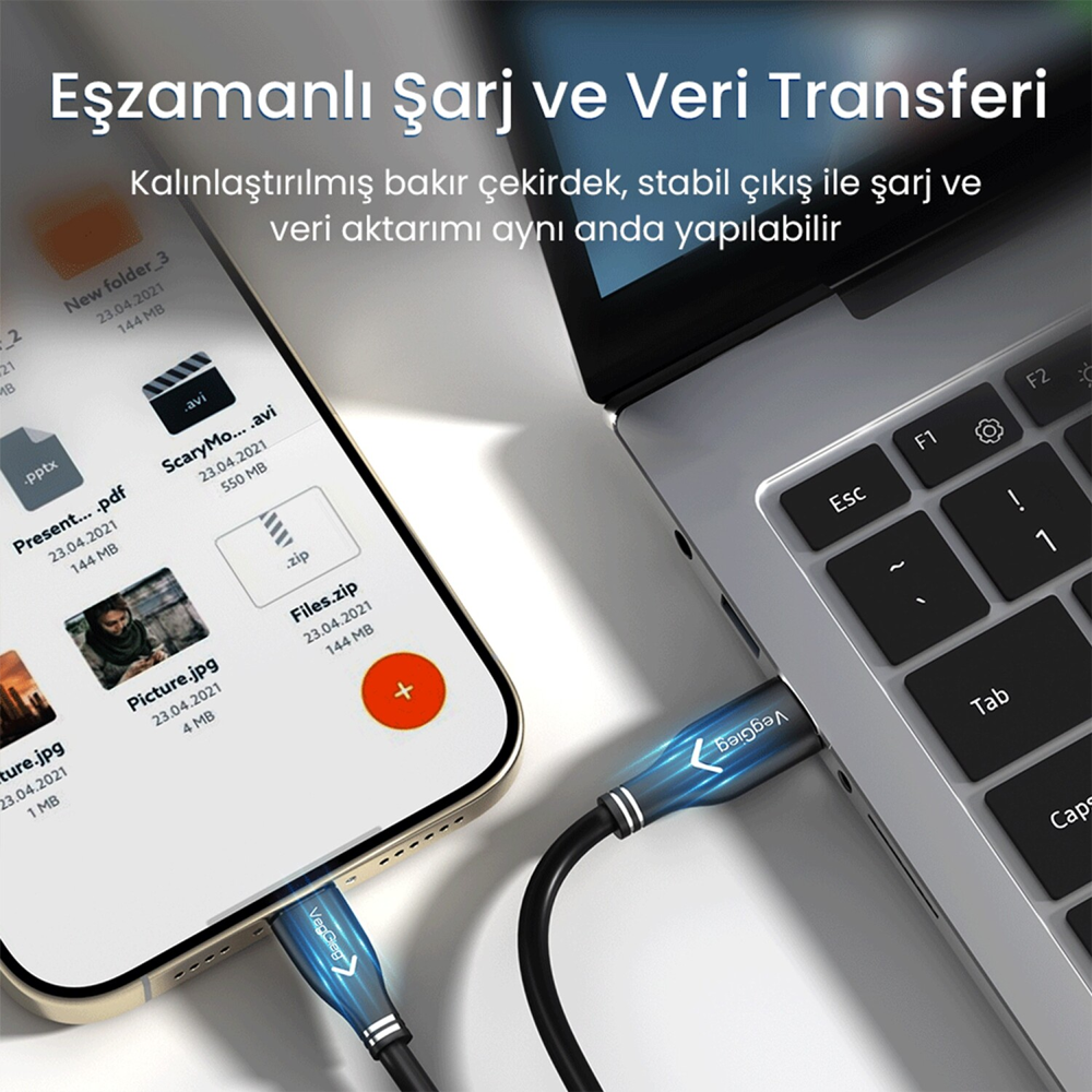 VegGieg USB 3.0 Type-C 60W 10Gbps Data ve Şarj Kablosu 1 Metre