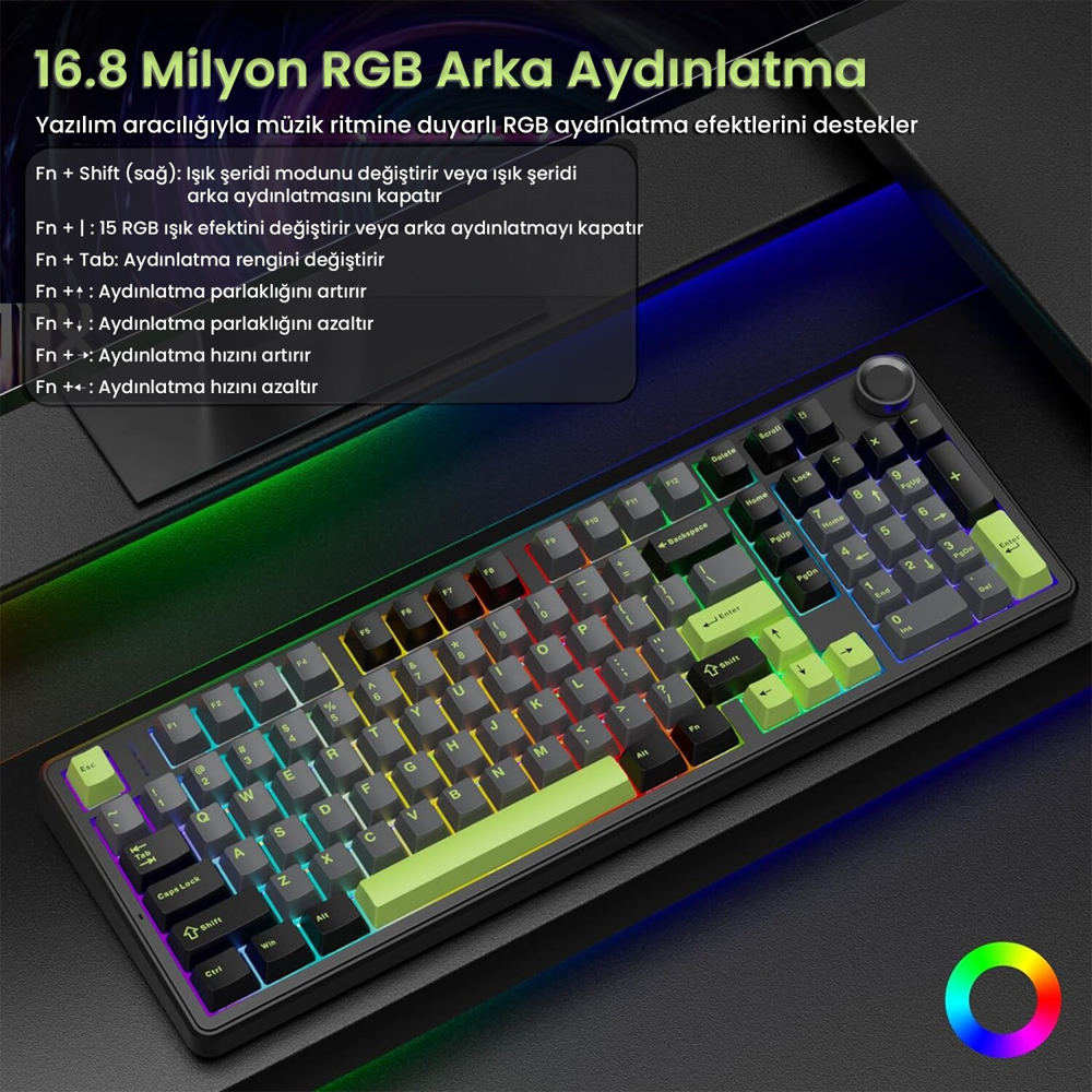 Aula F99 Pro Linear GrayWood V3 Switch Hot Swap RGB Yeşil Kablosuz Gaming Klavye