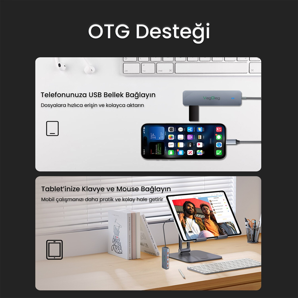 VegGieg 10Gbps Type-C USB-C 3.2 USB-A 3.2 Çoklayıcı Dönüştürücü Hub
