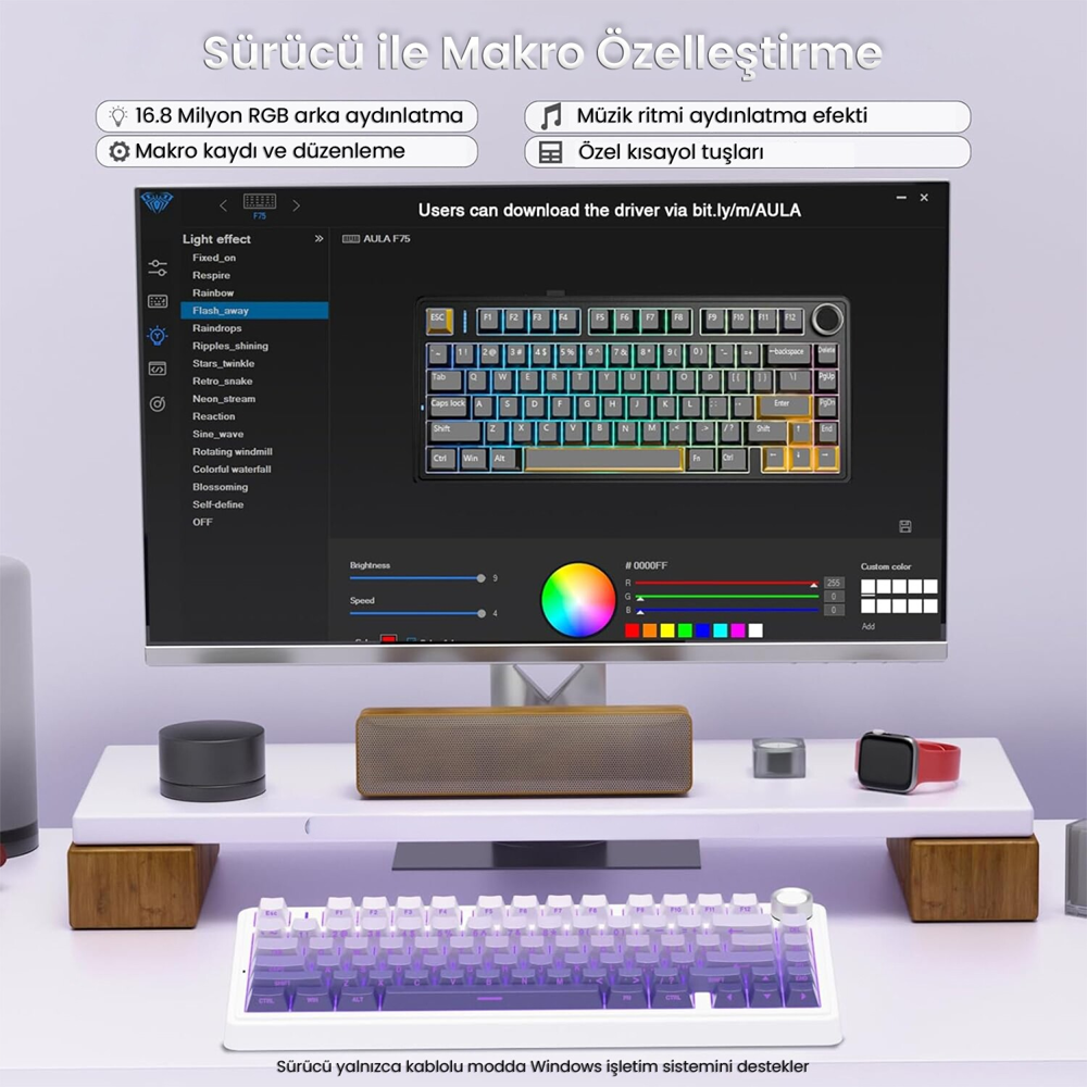 Aula F75 Seiya Switch Hot Swap TKL RGB Mor Kablosuz Gaming Klavye