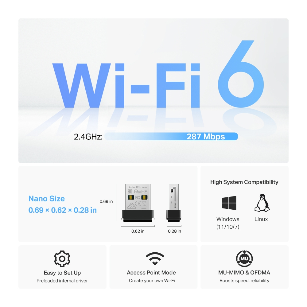 TP-LINK ARCHER TX1U NANO AX300 WI-FI 6 Wireless USB Adaptör