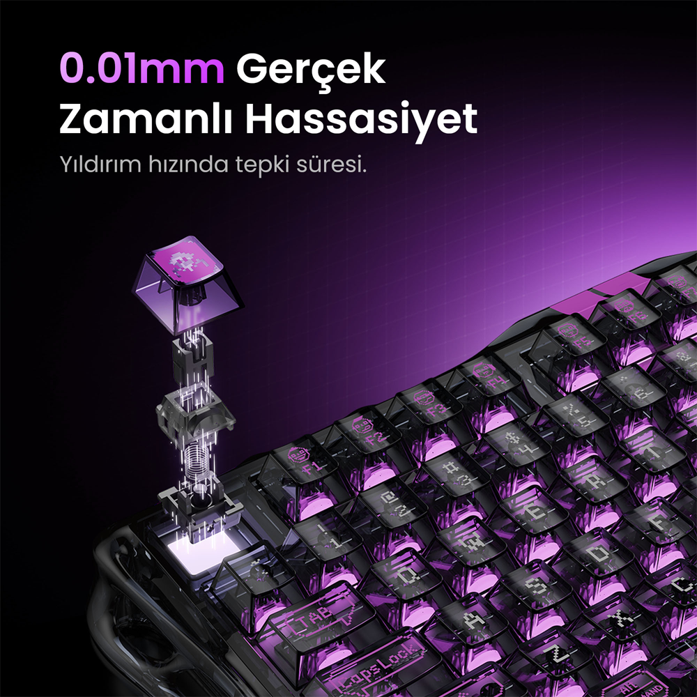 GravaStar Mercury V75 RGB Manyetik Switch İngilizce Q Stealth Siyah Şeffaf Kablolu Gaming Klavye