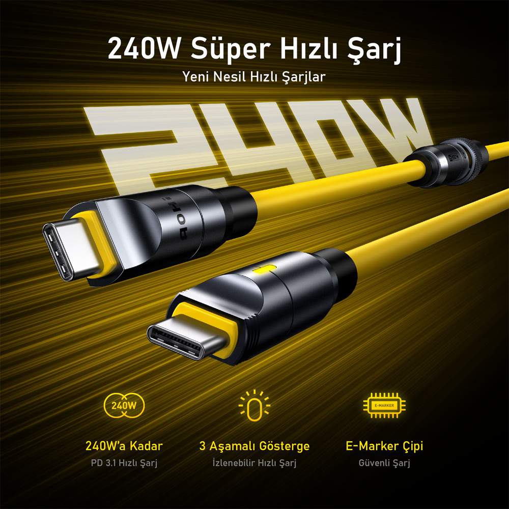 AOHI The Future Creative Power 8-in-1 240W PD 3.1 Süper Hızlı Şarj/Data Kablo Seti, Type-C to Type-C, 2,6m Modüler Uzayabilen, 40Gbp