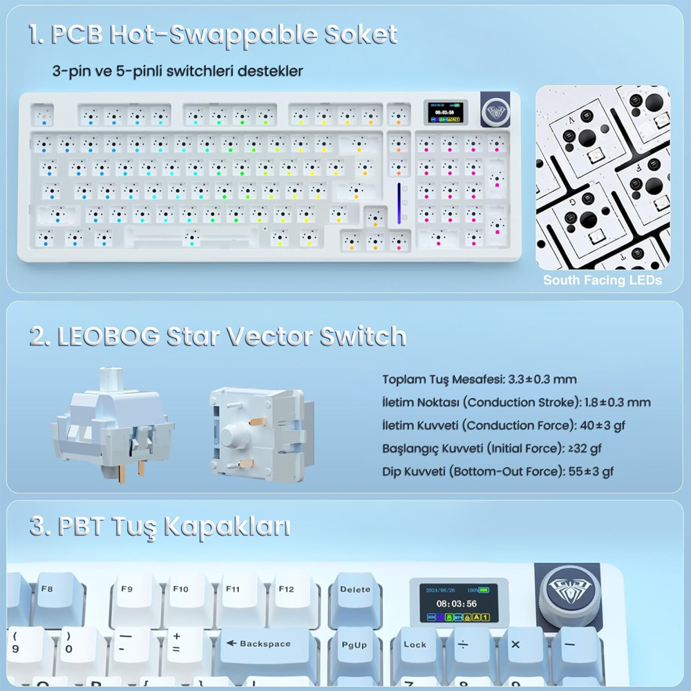 Aula S98 PRO 3 Star Vector Switch Hot Swap RGB Lacivert Kablosuz Gaming Klavye