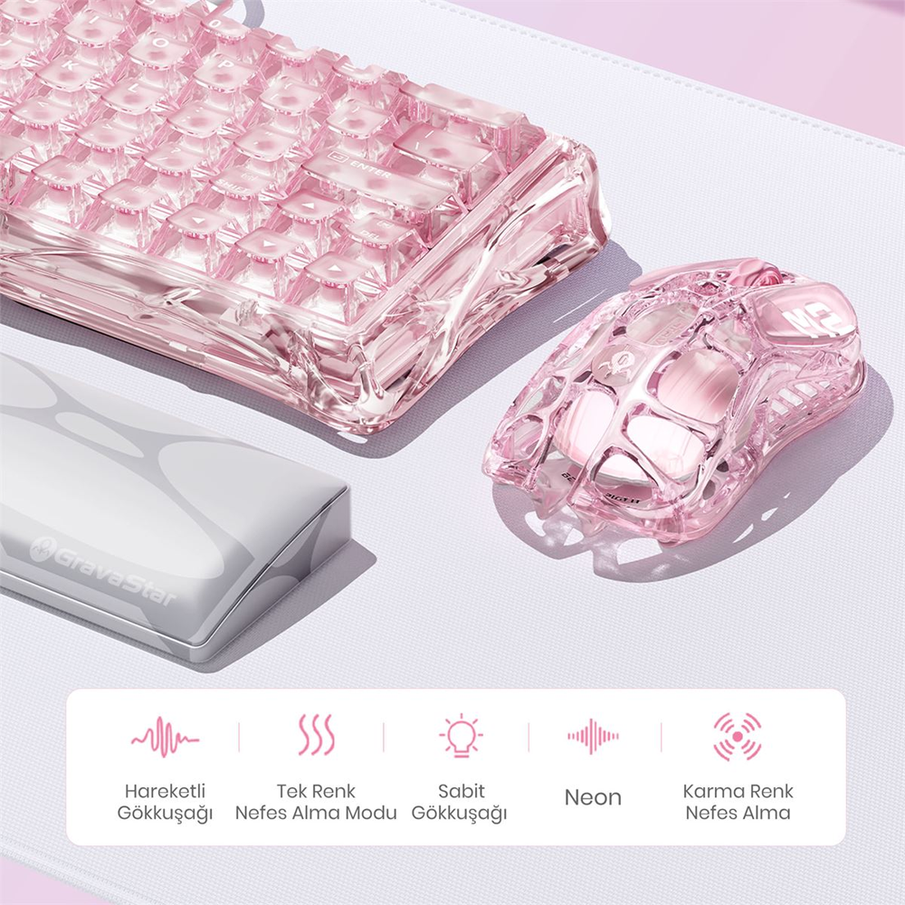 GravaStar Mercury M2 RGB 26000 DPI 1000Hz Crystal Rose Kablosuz Gaming Mouse