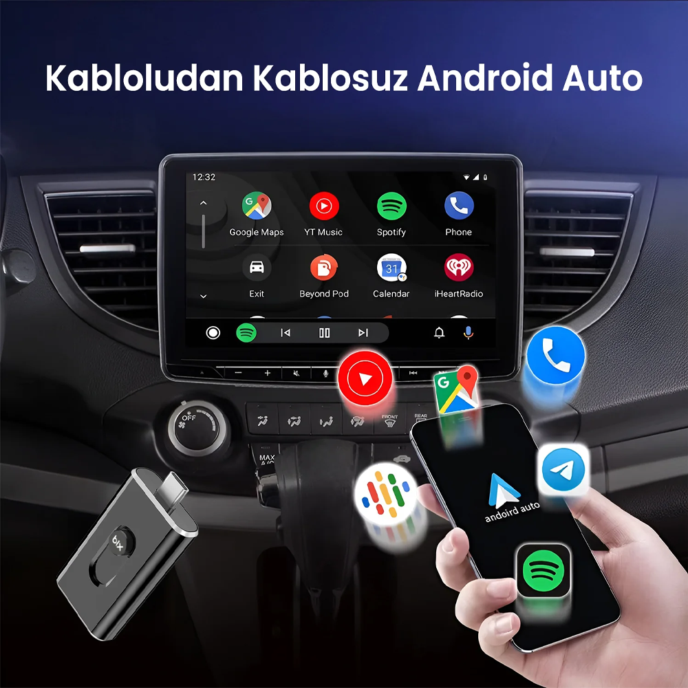Bix CB02 WIFI CarPlay Android Auto USB-A USB-C Kobloludan Kablosuza Çevirici Hibrit Adaptör